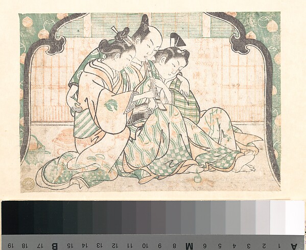 Okumura Masanobu, A Young Man Seated between Two Women