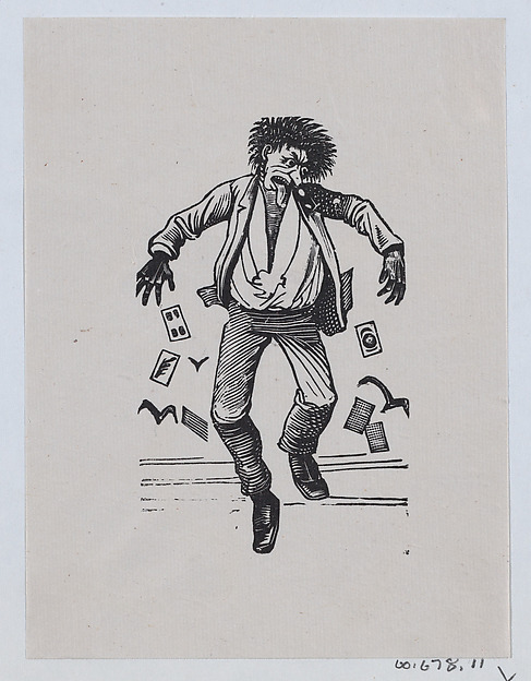 José Guadalupe Posada, A man with his toungue out jumping in the air while cards fall out of his pockets