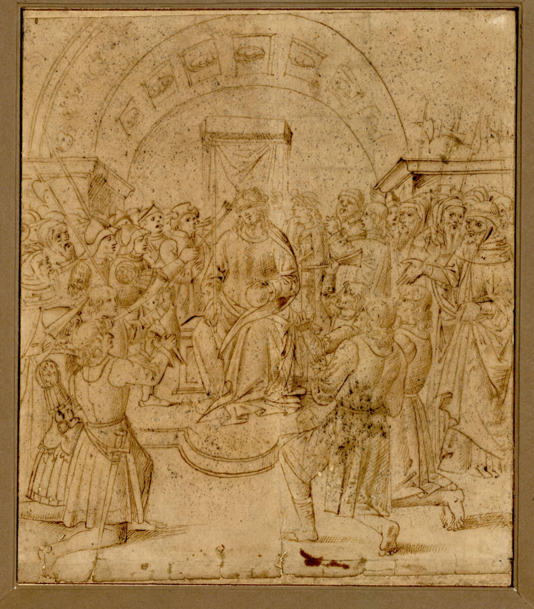 Anonym, Verspottung Christi (In einem Renaissancerundbogen unter einem Baldachin sitzt Christus, im Halbrund umgeben von zahlreichen Figuren)