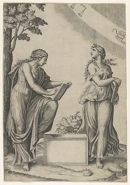 Marcantonio Raimondi, Two women of the zodiac standing beneath the signs of Libra and Scorpio