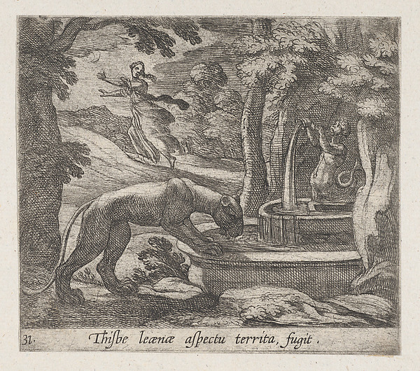 Antonio Tempesta, Plate 31: Thisbe Running from the Lionness at the Well (Thisbe leaenae spectu territa fugit), from Ovid's 'Metamorphoses'