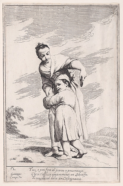 Giuseppe Maria Crespi, Plate 16: Menghina quiets Cacasenno with a chestnut cake, from "Bertoldo, Bertoldino, and Cacasenno"