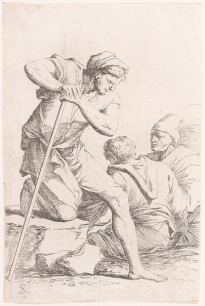 Salvator Rosa, Two men sitting and another man holding a staff kneeling on a rock, from "Figurine"