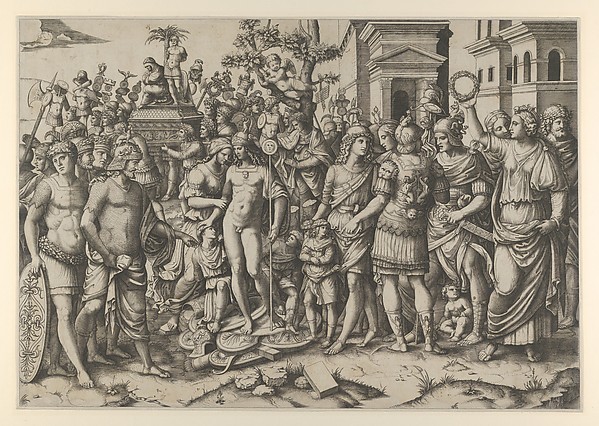 Marcantonio Raimondi, The triumph of a Roman Emperor; a young naked hero stands at center on a pile of armor; a woman at right holds aloft a laurel wreath