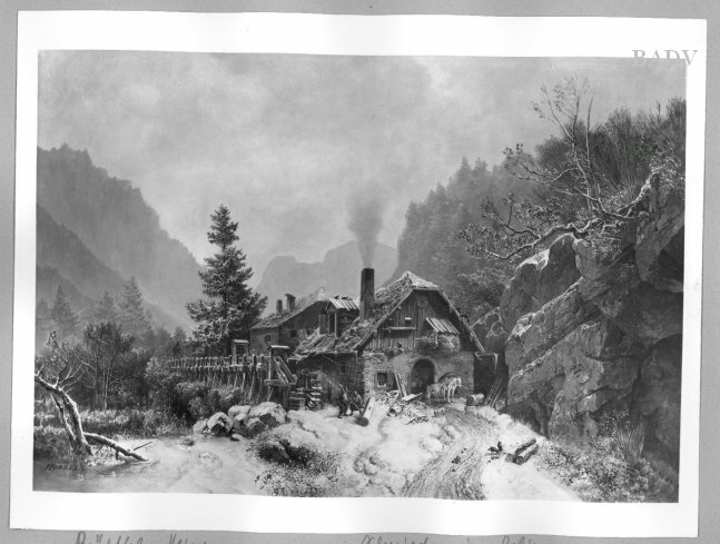 Heinrich Bürkel, winterlandscape with smithery