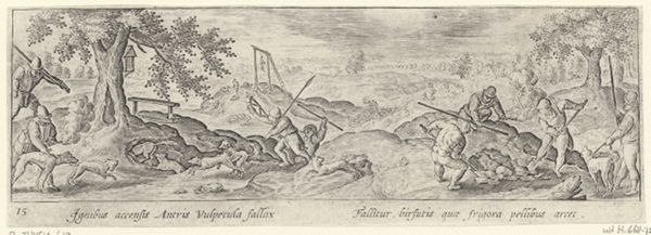 Collaert, Adriaen, (-1618), (printmaker), Venationis, piscationis, et aucupii typi: Fox hunt with fire