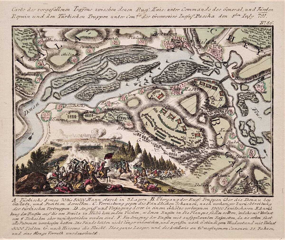 Anonym, Karte der Schlacht bei Macin an der Donau zwischen russischen und osmanischen Truppen am 9. Juli 1791