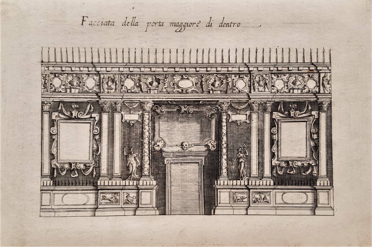 Anonym, Trauerdekoration an der Portalseite im Innenraum der Kirche SS. Giovanni e Paolo in Venedig bei den Exequien für Großherzog Cosimo II. von Toskana am 25. Mai 1621