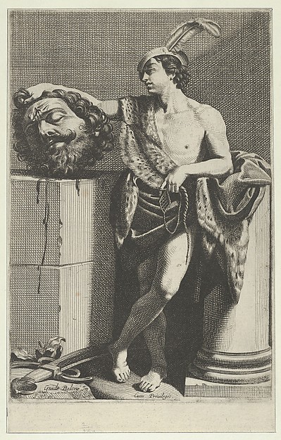 Anonymous, David standing with crossed legs and holding the head of Goliath on a pedestal at left, a sword on the ground, after Reni
