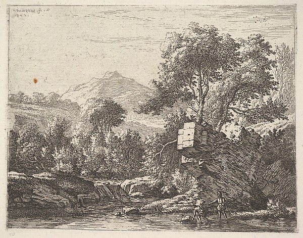 Karel Dujardin, Two men standing ankle-deep in a body of water with a rocky outcrop behind them, to the left a rocky bank, trees and a hilltop beyond