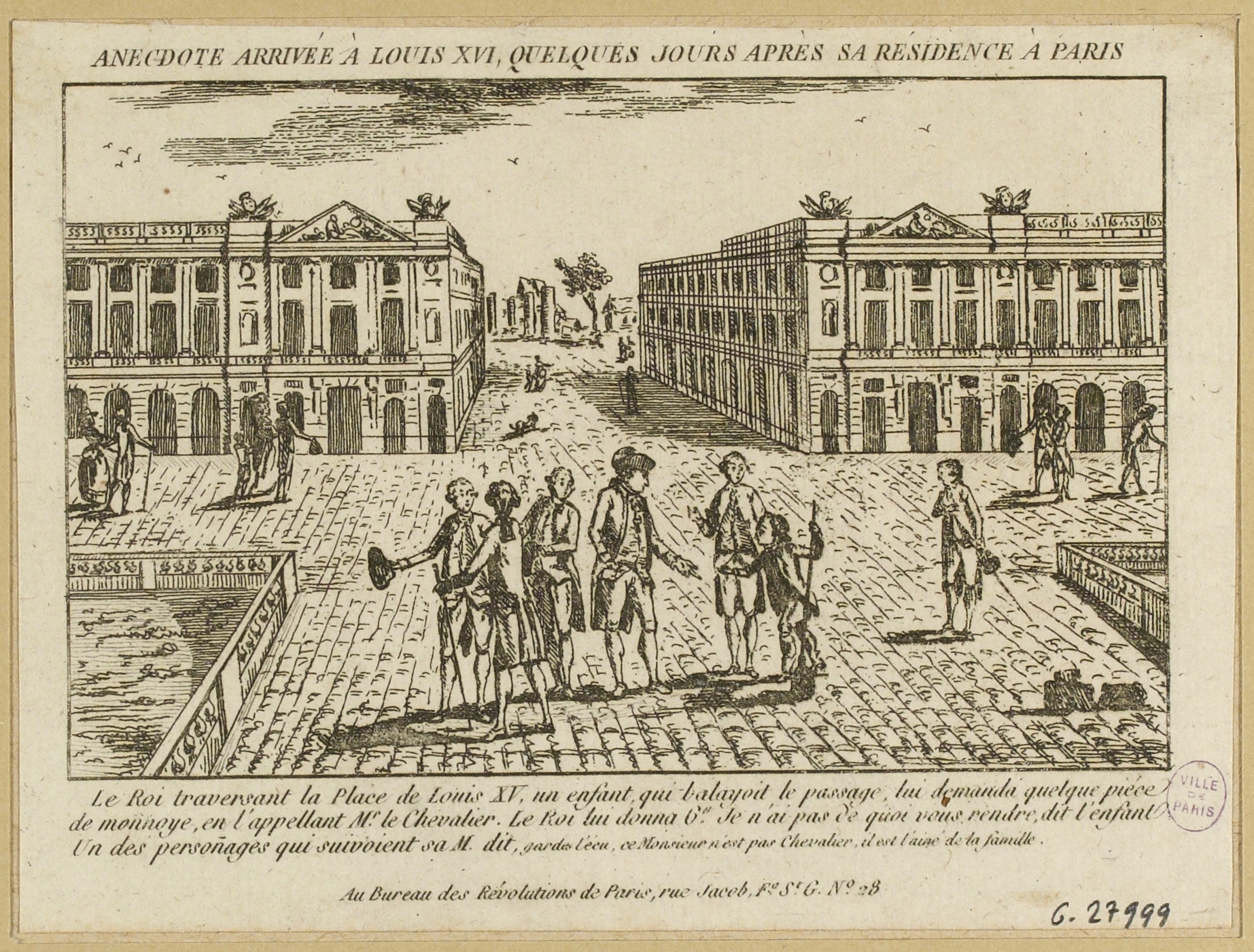 Anonyme, Anecdote du Roi Louis XVI, place Louis XV. Le roi donne une pièce à un enfant balayeur. Octobre 1789. Actuelle place de la Concorde, 8ème arrondissement. Extrait du Journal des Révolutions de Paris.