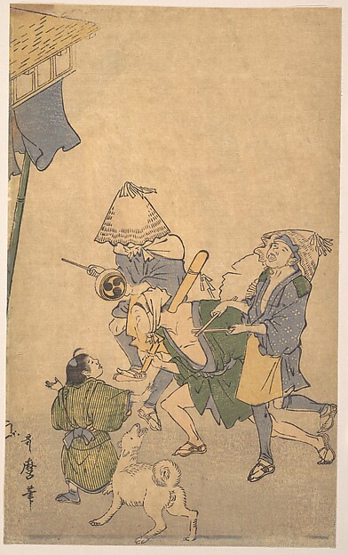 Kitagawa Utamaro, Three Revelers of the Lower Classes, Wearing Komuso Hats, with Small Boy and Dog