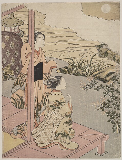 Suzuki Harunobu, Two Girls on a Veranda beside a Stream with the Moon