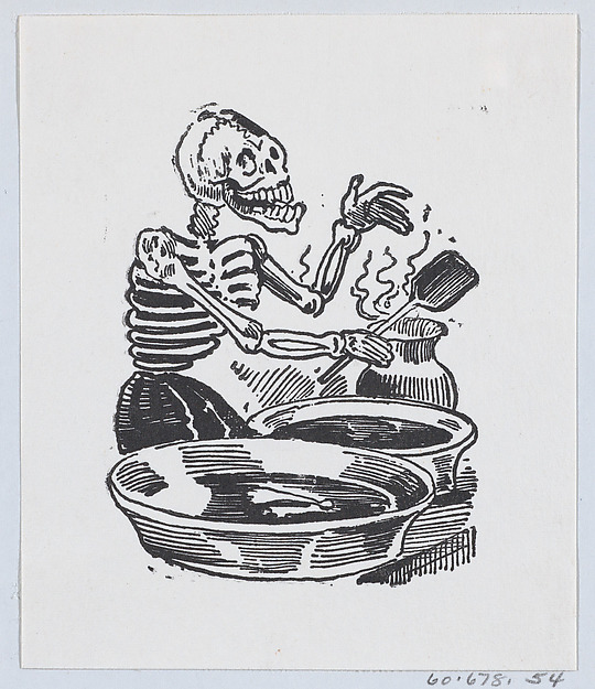 José Guadalupe Posada, A skeleton selling hot liquid in basins, from a broadside entitled 'Una Calavera Chusca'