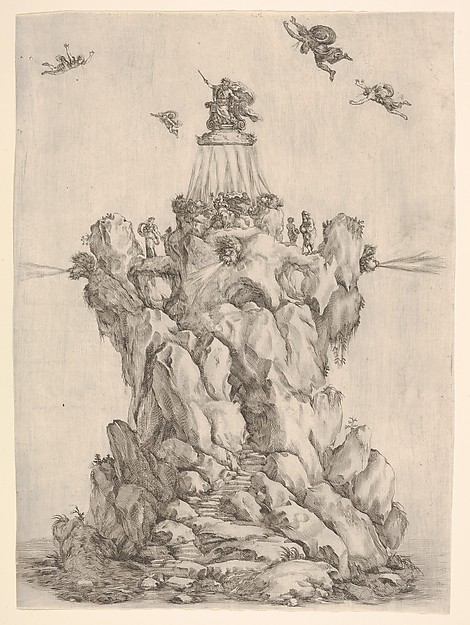 Stefano della Bella, The rock of Aeolus, surrounded by water, with steps leading up the rock, the heads of three of the four winds on each corner blowing outwards, Aeolus crowned at the summit, four winds in the sky around him, from "The contest of the seasons" (La gara delle stagioni)