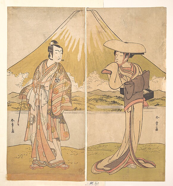 Katsukawa Shunshō　勝川春章, The Actor Nakamura Tomijuro as a Tall Woman in a Flat Straw Hat