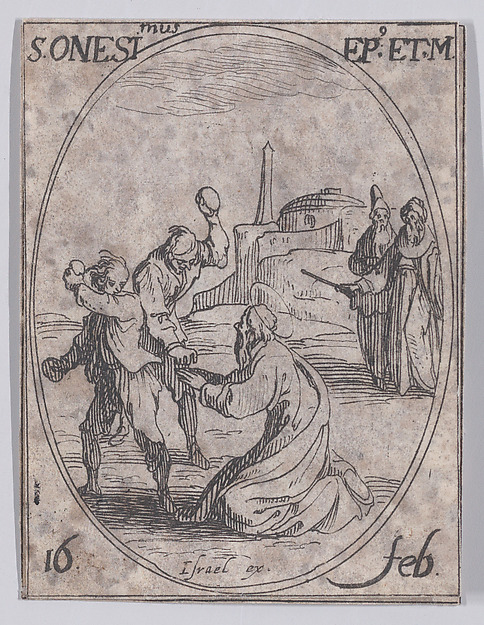 Jacques Callot, S. Onésime, évêque et martyr (St. Onesimus, Bishop and Martyr), February 16th, from "Les Images De Tous Les Saincts et Saintes de L'Année" (Images of All of the Saints and Religious Events of the Year)
