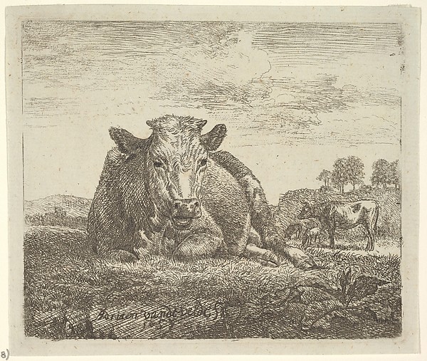 Adriaen van de Velde, Recumbent Cow, plate 2 from "Different Animals"