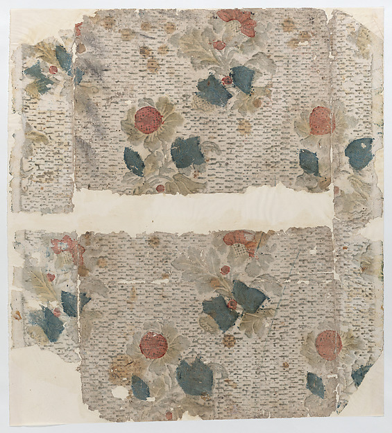Anonymous, Sheet with floral pattern with a repeating line background