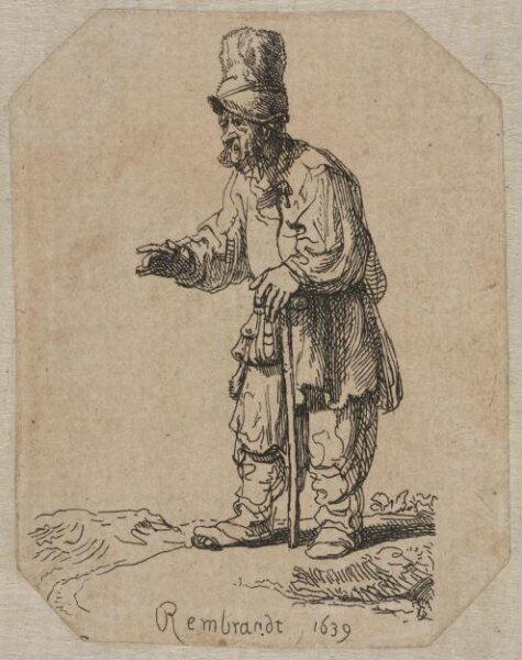 Rembrandt van Rijn, A peasant in a high cap, standing leaning on a stick