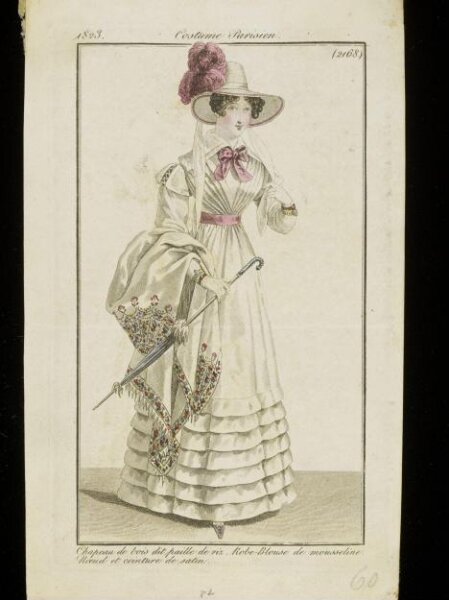 Unknown, Chapeau de bois dit paille de riz. Robe-blouse de mousseline. Noeud et ceinture de satin