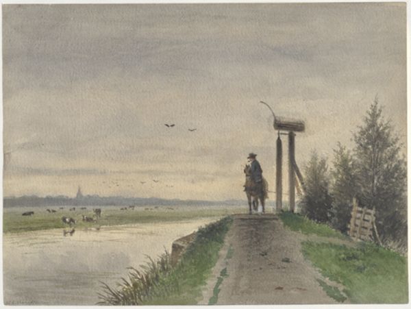Kikkert, Jan Elias, (1843-1925), (artist), Man on horseback, riding alongside a canal