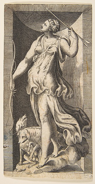Giulio Bonasone, Diana the huntress acompanied by her dogs standing in a niche