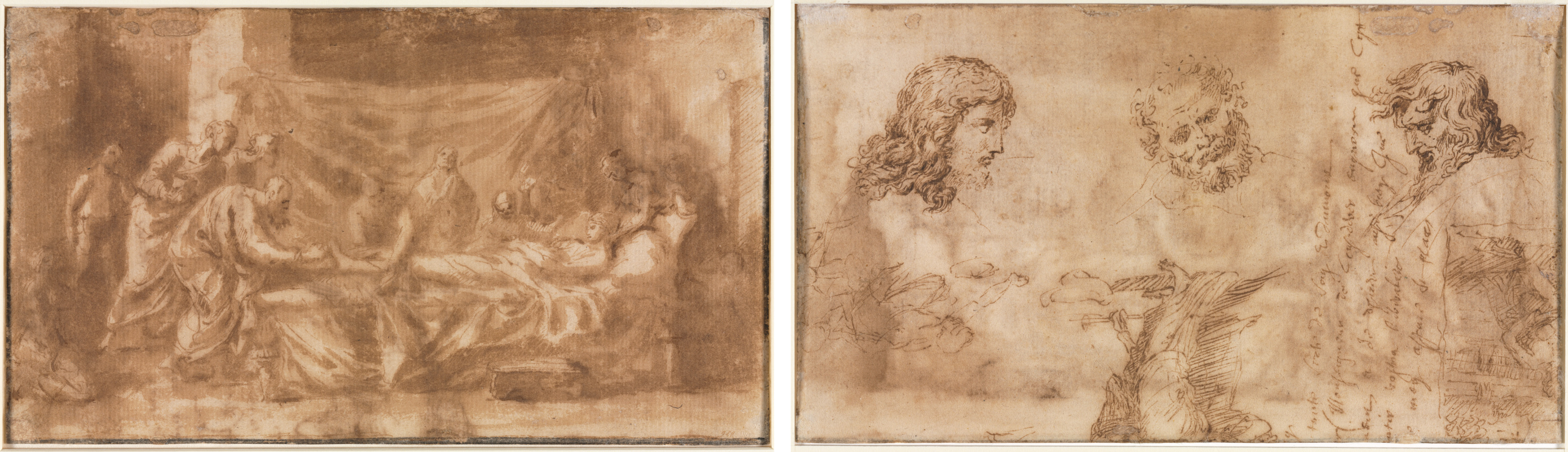 Nicolas Poussin, Extreme Unction (recto); Three Heads and Other Sketches (verso)