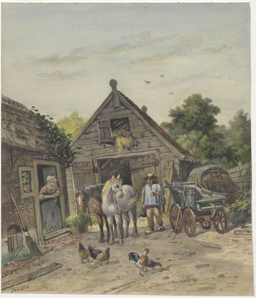 Kikkert, Jan Elias, (1843-1925), (artist), Farmers and animals in a farmyard
