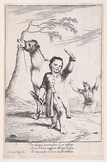 Giuseppe Maria Crespi, Plate 14: Bertoldino cutting off the ears of a gardener's donkey, from "Bertoldo, Bertoldino, and Cacasenno"