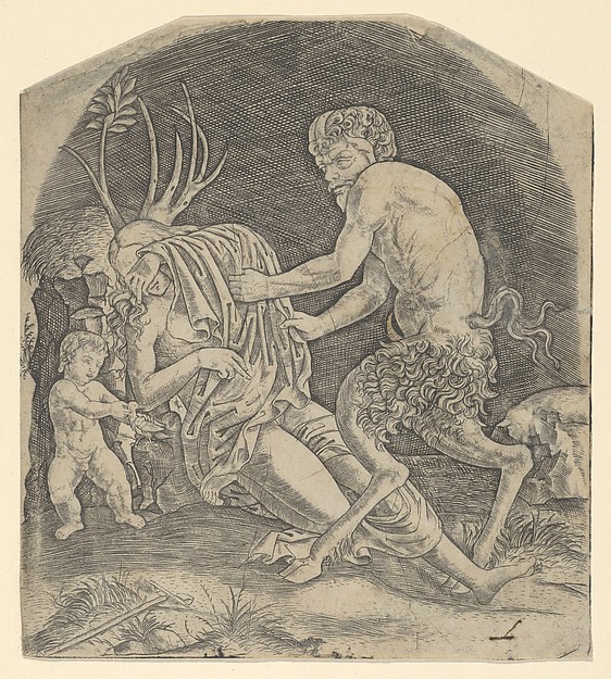 Marcantonio Raimondi, A satyr about to remove drapery covering a Nymph