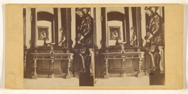 Unknown, [Detail of an interior showing a room with a suit of armor, ornate table, little sculptures, etc. of a well-to-do person]