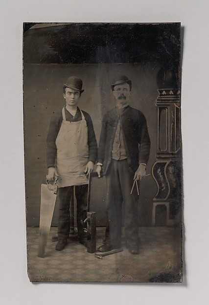 Unknown, [Two Carpenters with a Handsaw, Wood Plane, Hammer, Compass, and Square]