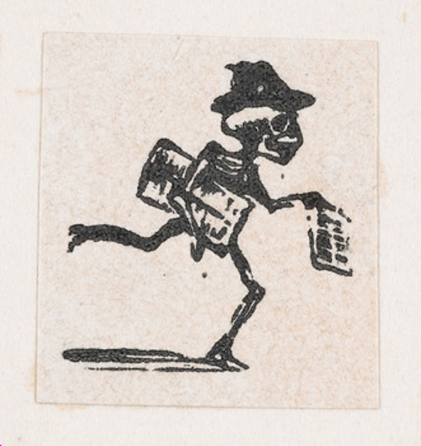 José Guadalupe Posada, A skeleton wearing a hat, holding newspapers and running