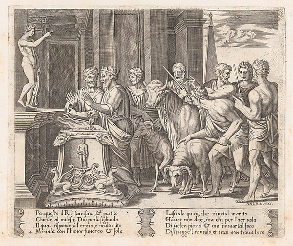 Agostino Veneziano (Agostino dei Musi), Plate 4: Psyche's father consulting the Oracle, accompanied by another king, from "The Story of Cupid and Psyche as told by Apuleius"