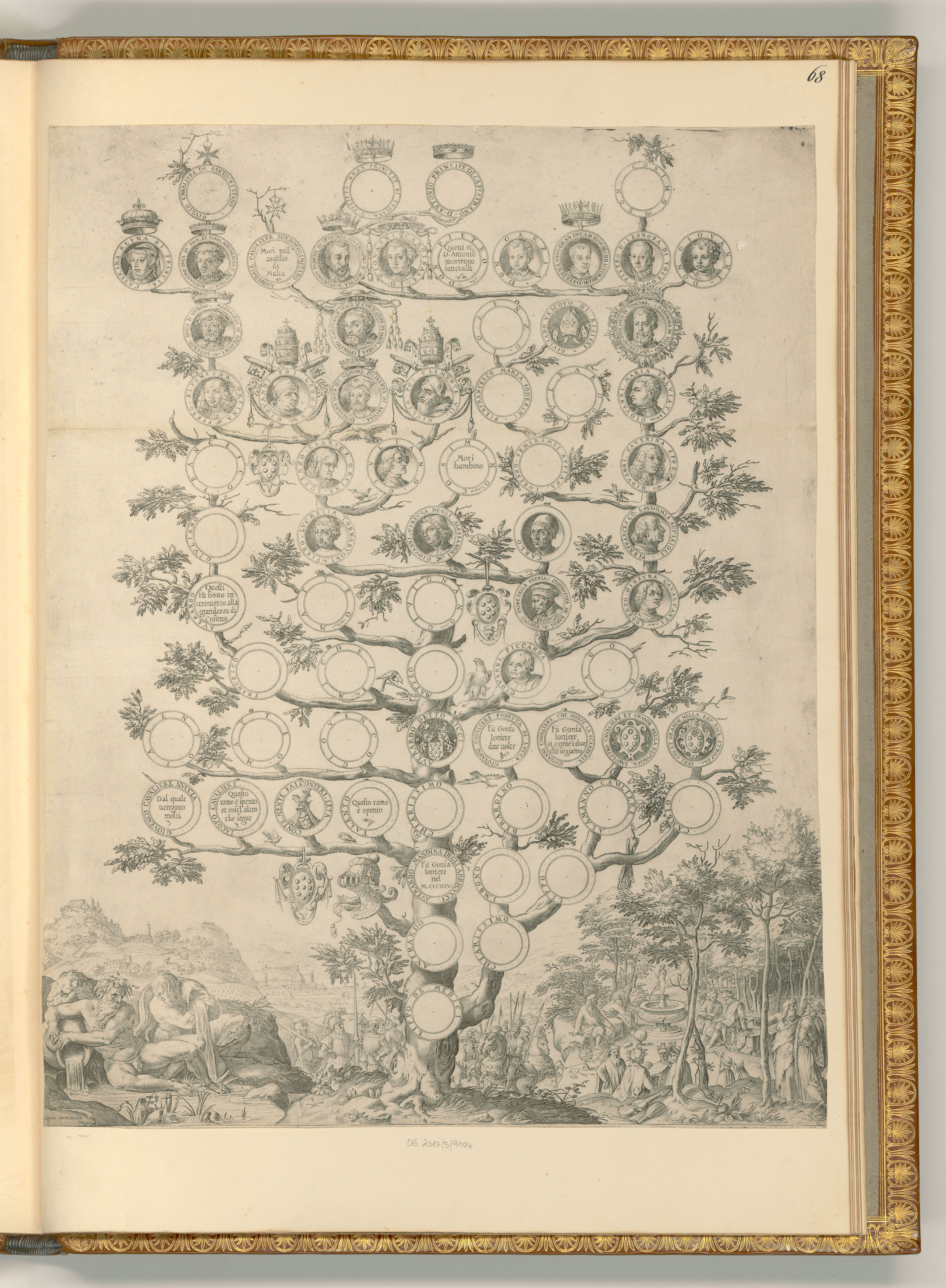 unbestimmt, Genealogischer Stammbaum der Familie der Medici, Medaillons, Porträts, Schriftzug mit Namen, Wappen