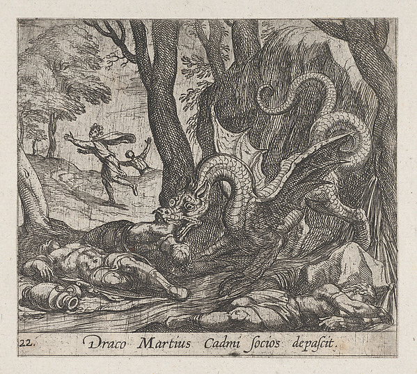 Antonio Tempesta, Plate 22: Cadmus's Men Killed by the Serpent (Draco Martius Cadmi socios depascit), from Ovid's 'Metamorphoses'