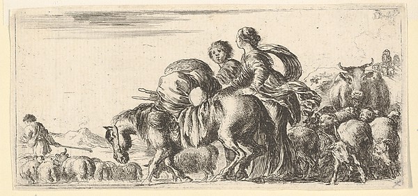 Stefano della Bella, Journey of Jacob and Rachel to the land of Canaan, Rachel directs a horse towards the left, various other animals follow