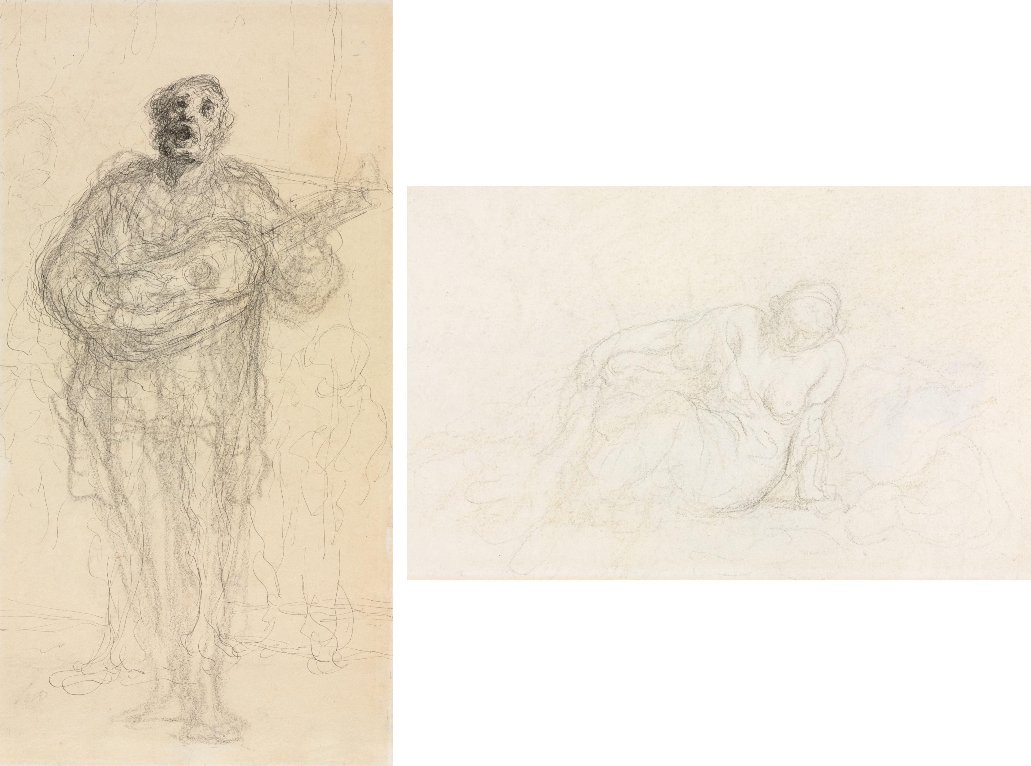 Honoré Daumier, Singing Guitarist (recto); Reclining Woman Leaning on Her Arm (verso)