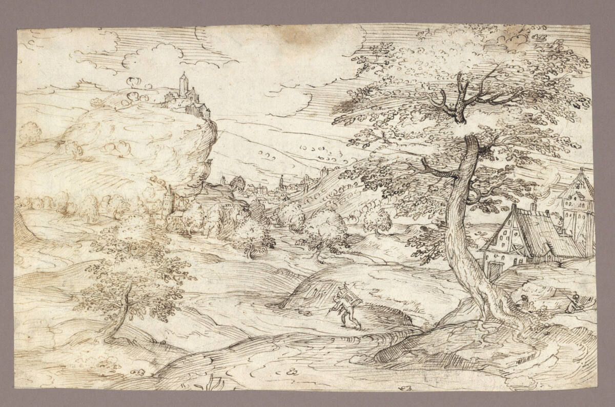 Anonym, Hügellandschaft mit Burgfelsen und Landstraße
