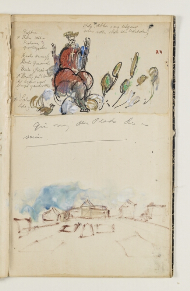 J.A. Jerichau (II), Figurstudie og parti med bygninger, formentlig "Den Fries" udstillingsbygning, København. Desuden liste over kunstnerens malerier, formentlig både planlagte og fuldførte